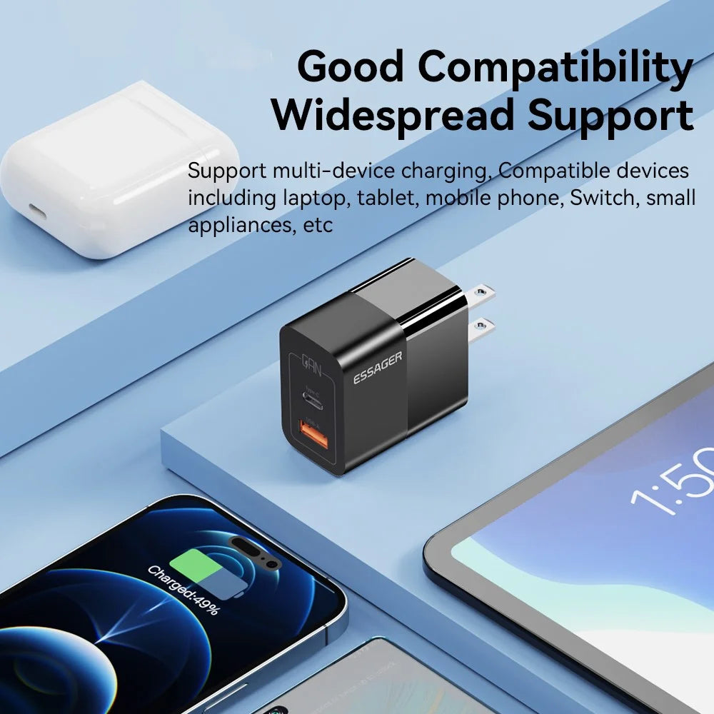 ESSAGER 33W USB-A + Type-C Fast Charging Adapter GaN Dual Port Wall Charger - US Plug / Black - 6