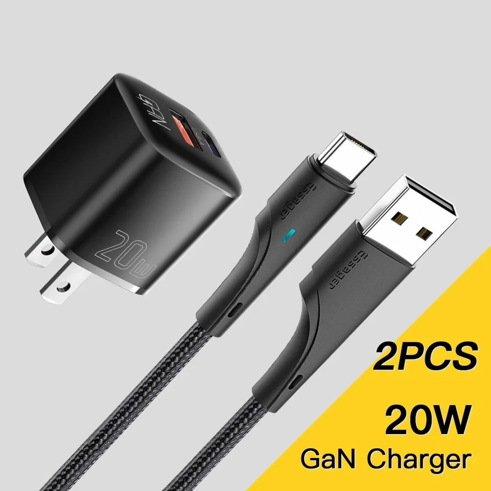 ESSAGER Curved Design 20W USB-A + Type-C GaN Wall Charger Phone Fast Charging Adapter - US Plug / Black - 2