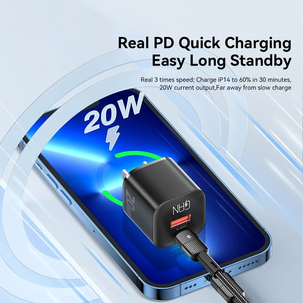 ESSAGER Curved Design 20W USB-A + Type-C GaN Wall Charger Phone Fast Charging Adapter - US Plug / Black - 3