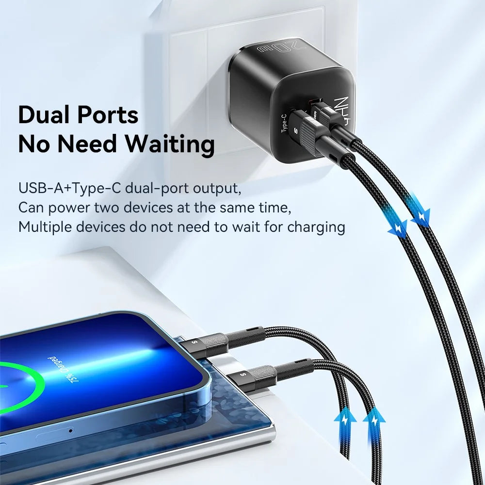 ESSAGER Curved Design 20W USB-A + Type-C GaN Wall Charger Phone Fast Charging Adapter - US Plug / Black - 4