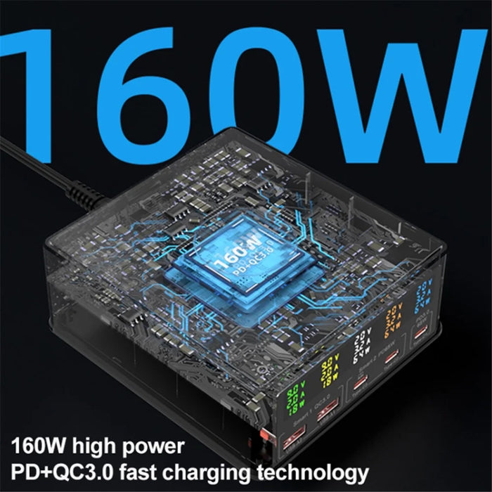 868H 6-in-1 160W Phone Charger PD+QC3.0 Multifunctional Desk 15W Wireless Charger with 2USB, 3Type-C - US Plug - 2