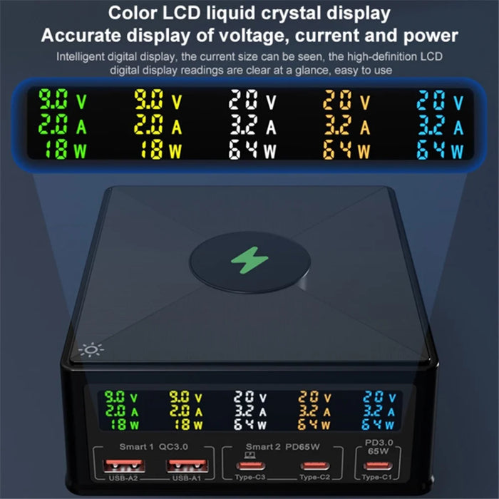 868H 6-in-1 160W Phone Charger PD+QC3.0 Multifunctional Desk 15W Wireless Charger with 2USB, 3Type-C - US Plug - 4
