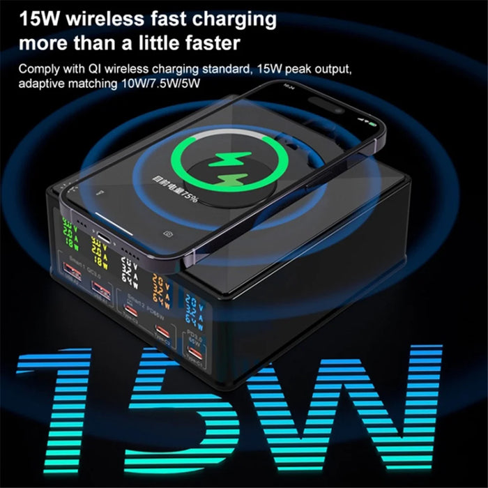 868H 6-in-1 160W Phone Charger PD+QC3.0 Multifunctional Desk 15W Wireless Charger with 2USB, 3Type-C - US Plug - 5