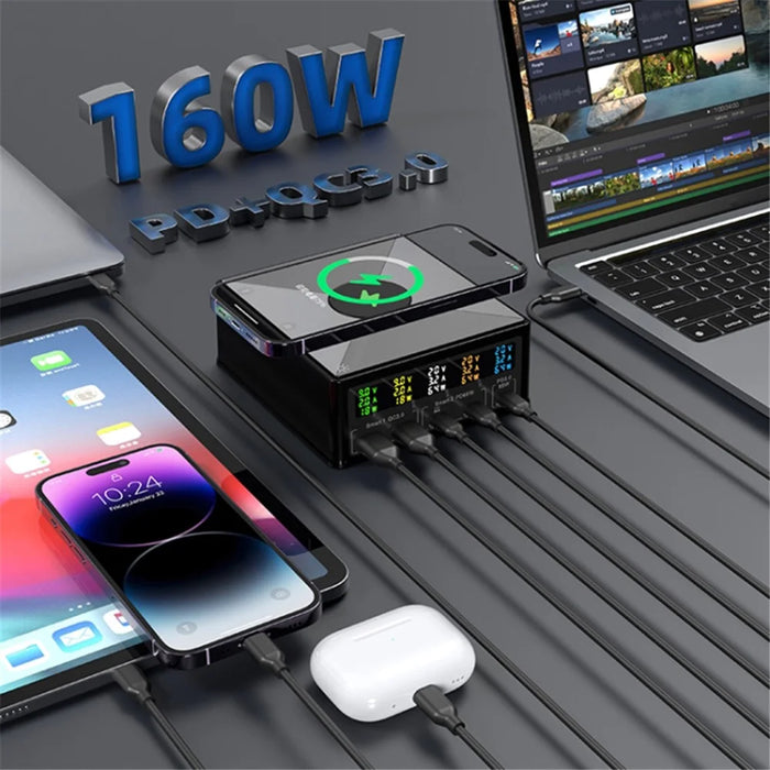 868H 6-in-1 160W Phone Charger PD+QC3.0 Multifunctional Desk 15W Wireless Charger with 2USB, 3Type-C - US Plug - 7