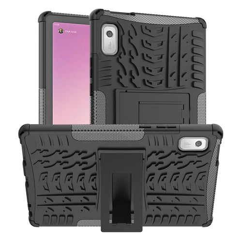 For Lenovo Tab M9 Tyre Pattern Kickstand Case PC+TPU Shockproof Tablet Cover - Black - 1
