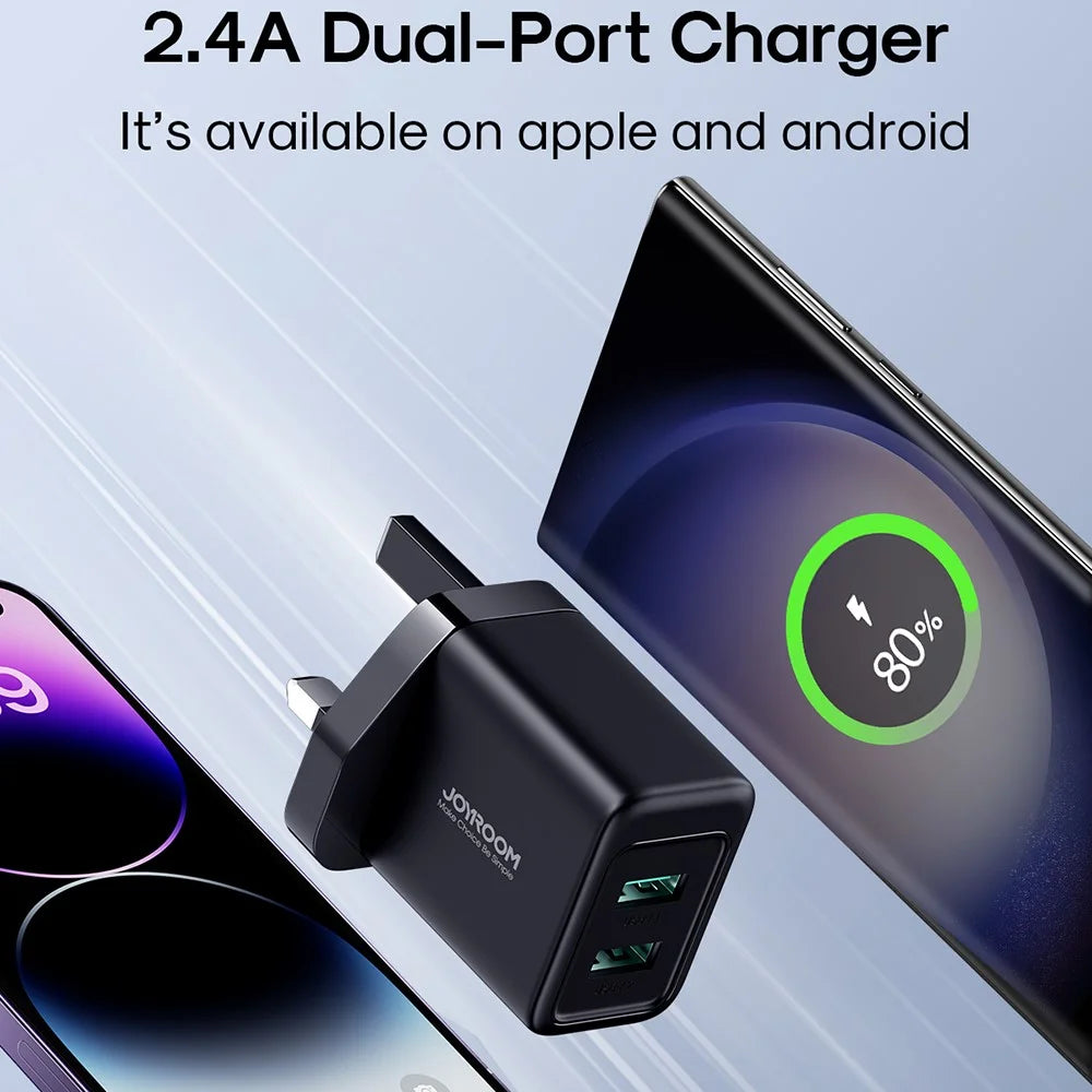 JOYROOM TCN01 2.4A 2USB Fast Charger Adapter Portable Mini Wall Charger Block for Cell Phones (UK Plug) - Black - 2
