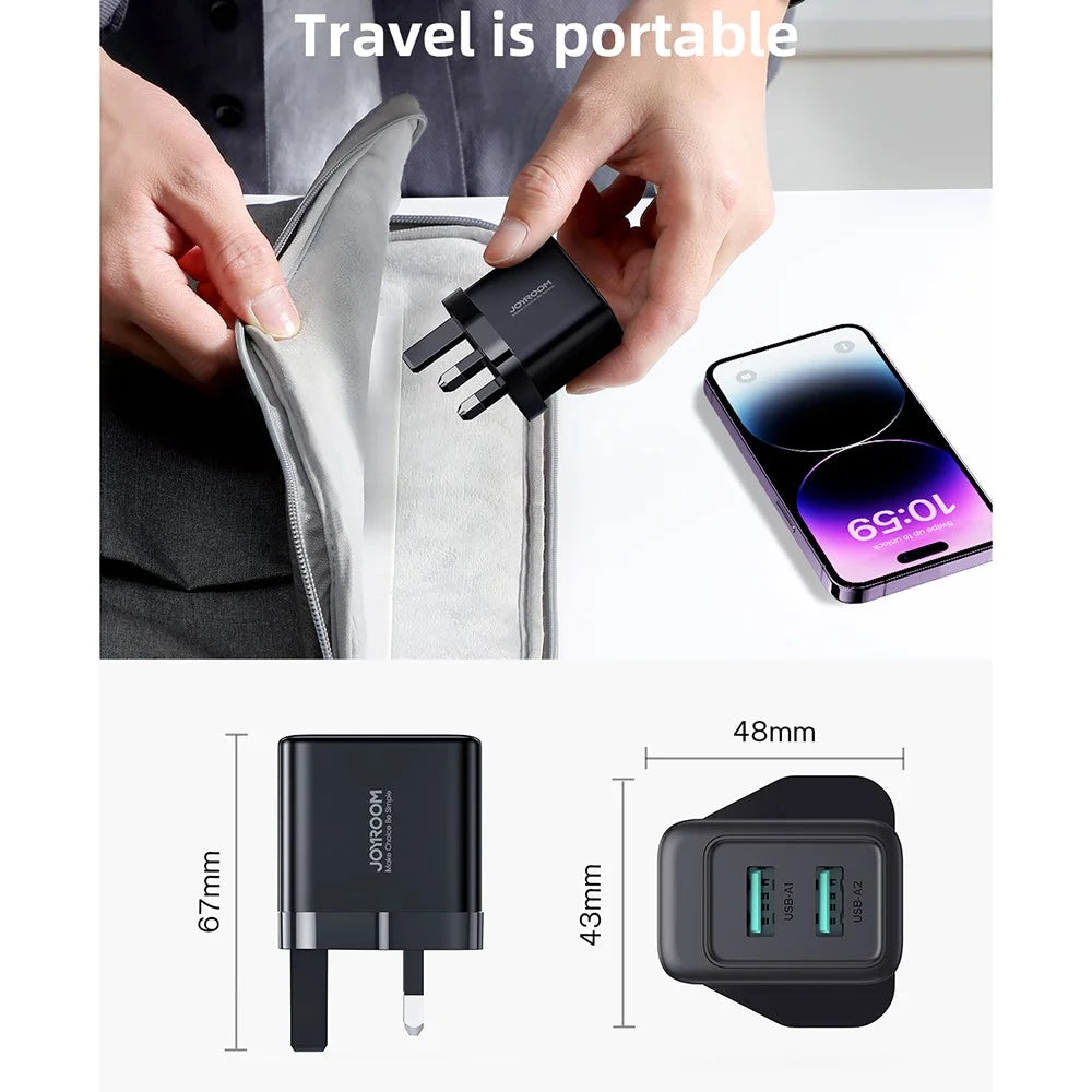 JOYROOM TCN01 2.4A 2USB Fast Charger Adapter Portable Mini Wall Charger Block for Cell Phones (UK Plug) - Black - 5