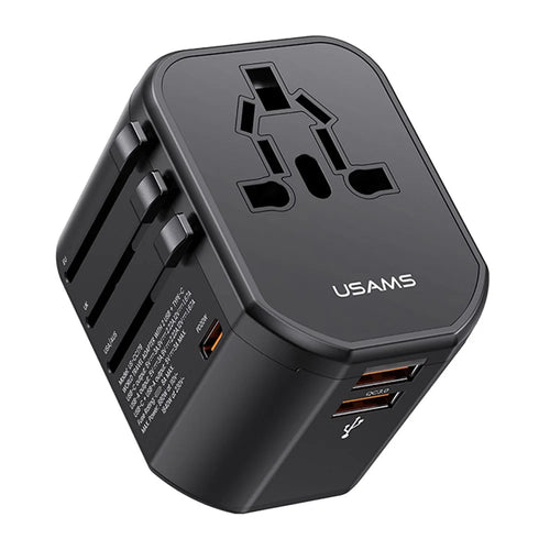 USAMS US-CC179 T59 Dual USB + Type-C PD 20W Fast Charging PC Power Adapter Global Travel Socket Converter - 1