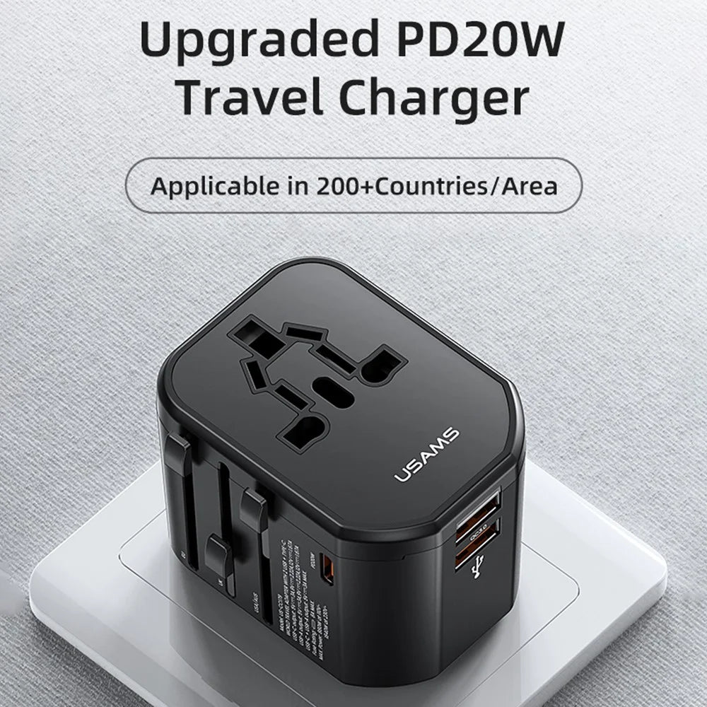 USAMS US-CC179 T59 Dual USB + Type-C PD 20W Fast Charging PC Power Adapter Global Travel Socket Converter - 2