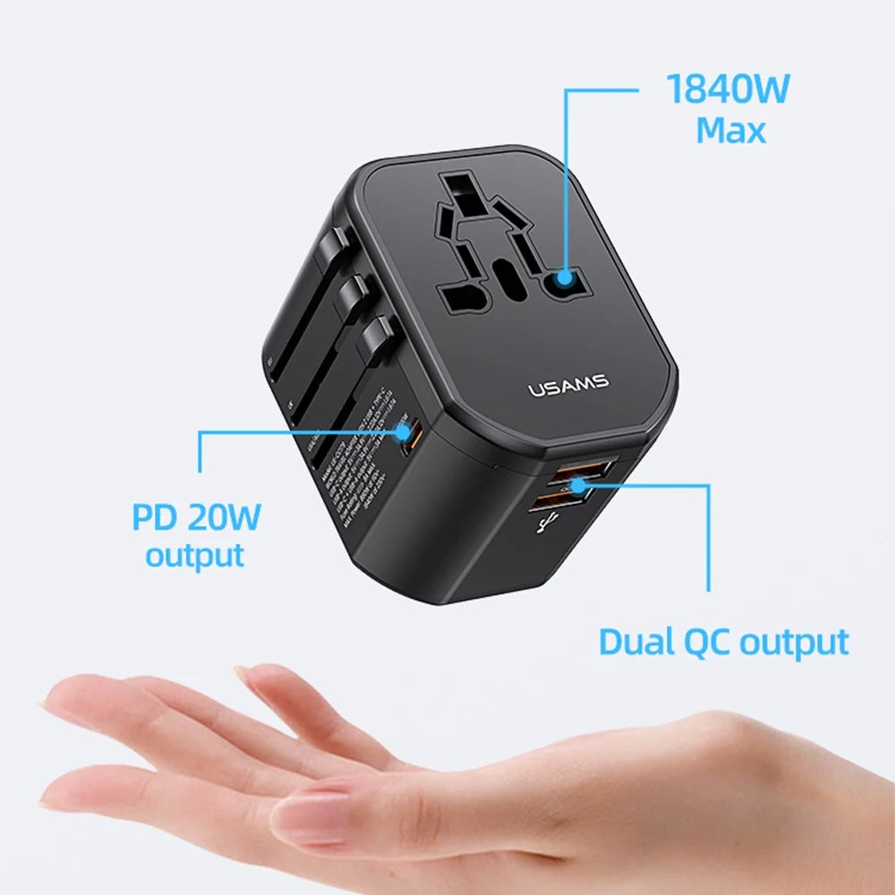USAMS US-CC179 T59 Dual USB + Type-C PD 20W Fast Charging PC Power Adapter Global Travel Socket Converter - 3