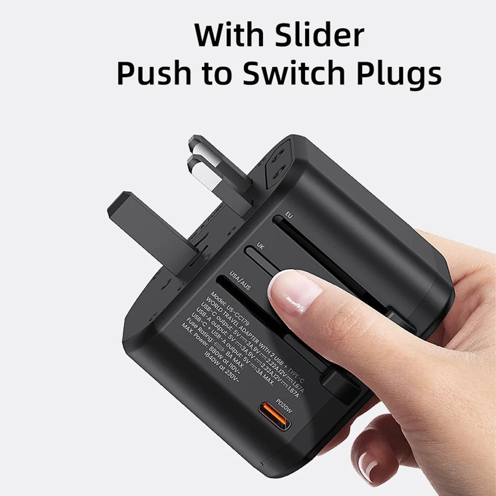 USAMS US-CC179 T59 Dual USB + Type-C PD 20W Fast Charging PC Power Adapter Global Travel Socket Converter - 6