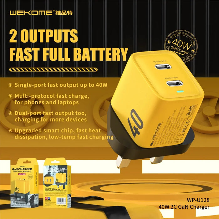 WEKOME WP-U128 40W GaN Dual Type-C Port Wall Charger Phone Fast Charging Adapter - UK Plug - 2