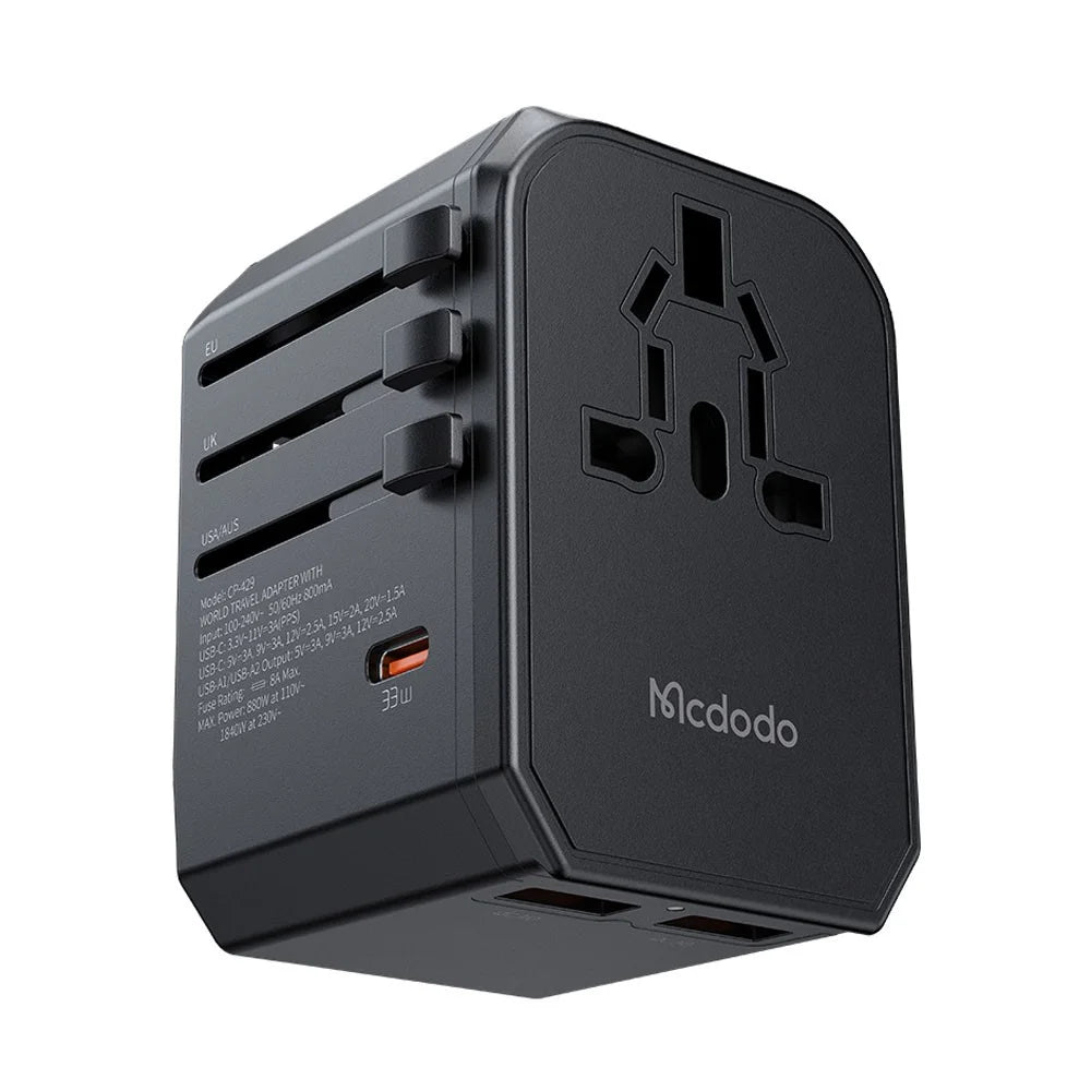 MCDODO CP-4290 PD 33W Travel Charger Adapter with 2 USB-A, Type-C, 2-in-1 Universal Wall Charger + Socket (Black) - 1