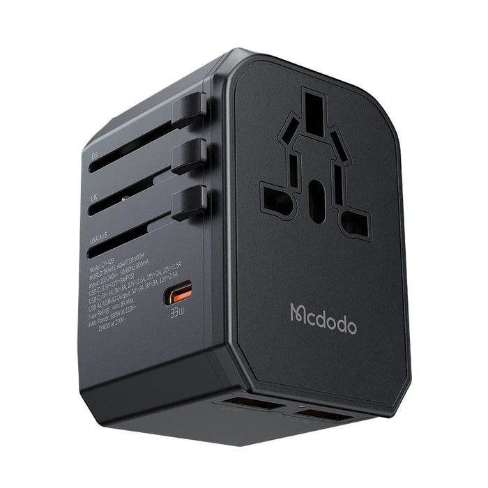 MCDODO CP-4290 PD 33W Travel Charger Adapter with 2 USB-A, Type-C, 2-in-1 Universal Wall Charger + Socket (Black) - 1
