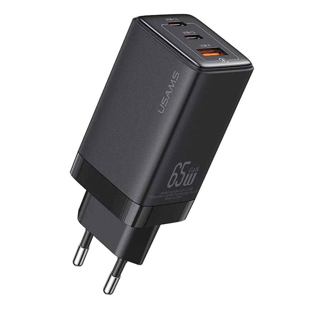 USAMS US-CC180 Sandru Series 65W 3 Ports GaN Fast Charger Block 2USB-C+1USB-A Wall Charger, EU Plug - Black - 1