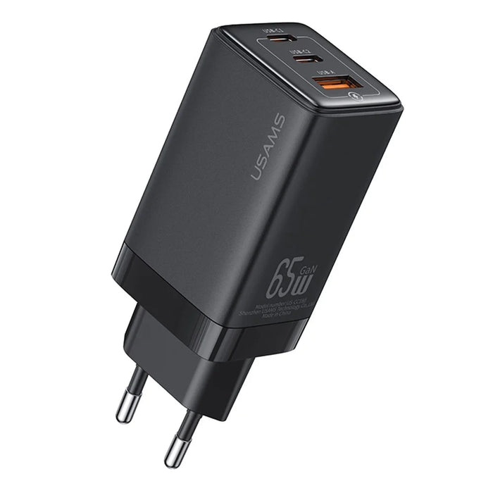 USAMS US-CC180 Sandru Series 65W 3 Ports GaN Fast Charger Block 2USB-C+1USB-A Wall Charger, EU Plug - Black - 1