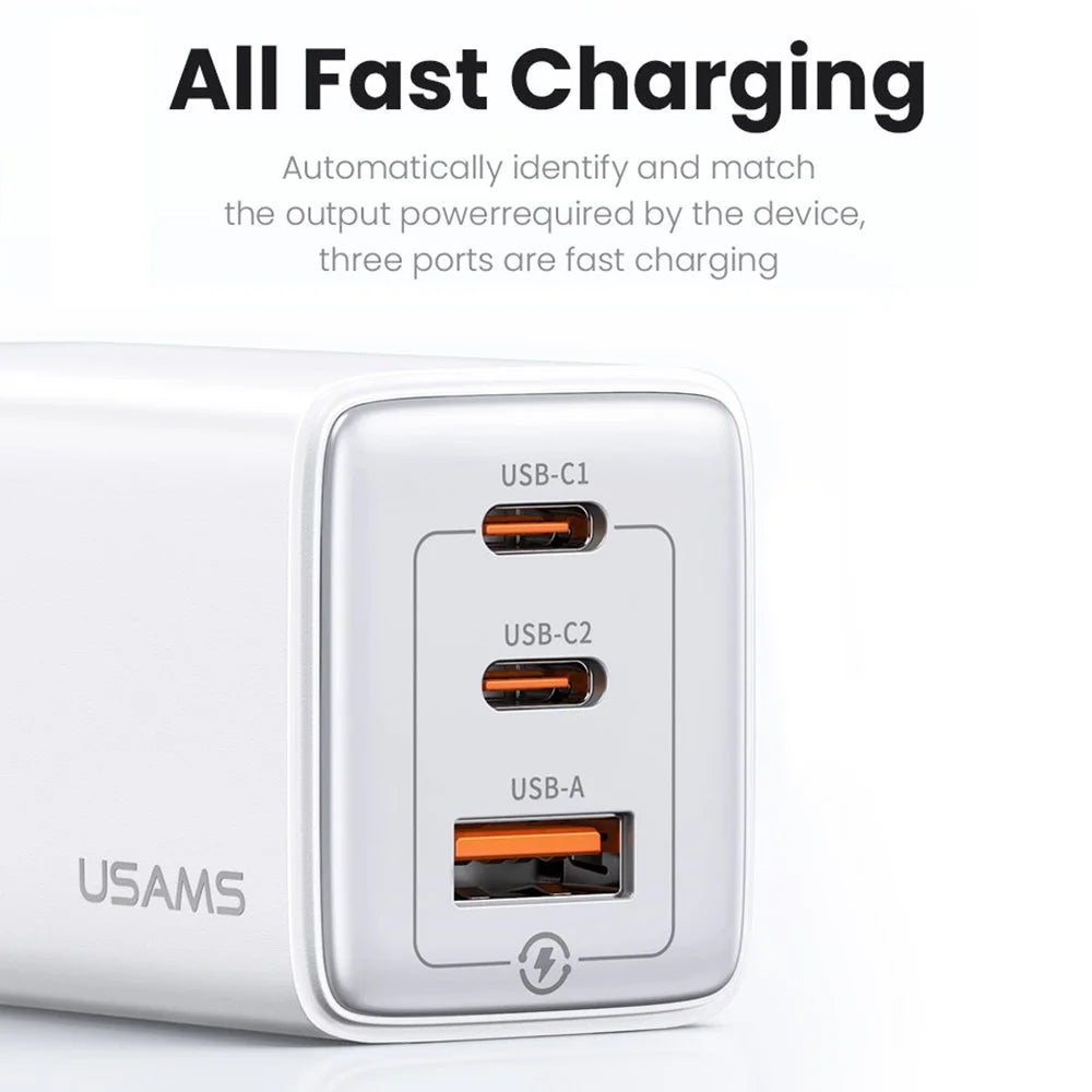 USAMS US-CC180 Sandru Series 65W 3 Ports GaN Fast Charger Block 2USB-C+1USB-A Wall Charger, EU Plug - Black - 2