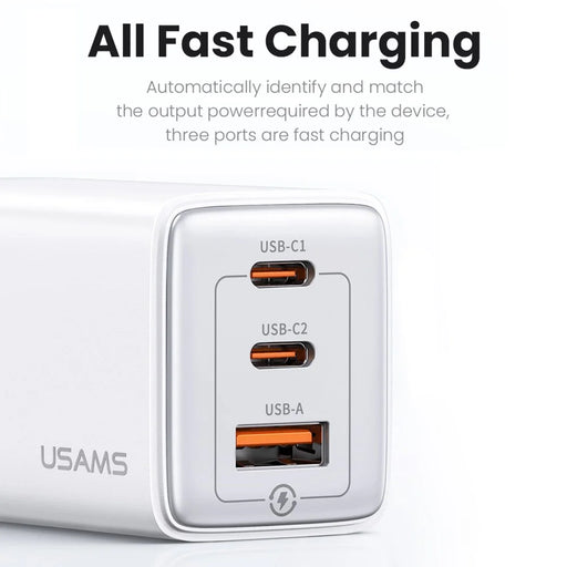 USAMS US-CC180 Sandru Series 65W 3 Ports GaN Fast Charger Block 2USB-C+1USB-A Wall Charger, EU Plug - Black - 2