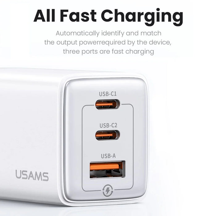 USAMS US-CC180 Sandru Series 65W 3 Ports GaN Fast Charger Block 2USB-C+1USB-A Wall Charger, EU Plug - Black - 2