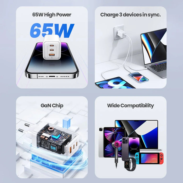 USAMS US-CC180 Sandru Series 65W 3 Ports GaN Fast Charger Block 2USB-C+1USB-A Wall Charger, EU Plug - Black - 3