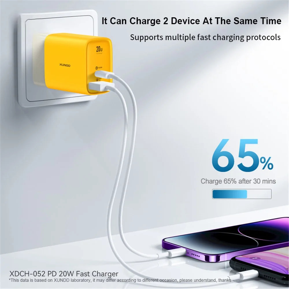 XUNDD XDCH-052 PD 20W Type-C + QC 3.0 USB Fast Charger Mini Wall Charging Block - CN Plug - 5