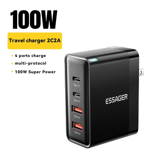 ESSAGER ES-CD37 100W Fast Charging Block 4-Port Wall Charger with 2 USB-C + 2 USB-A for Laptop Phone Tablet - Black / US Plug - 2