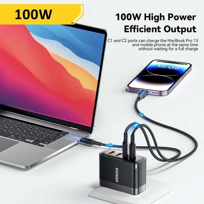 ESSAGER ES-CD37 100W Fast Charging Block 4-Port Wall Charger with 2 USB-C + 2 USB-A for Laptop Phone Tablet - Black / US Plug - 4