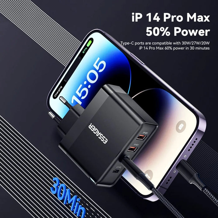 ESSAGER ES-CD37 100W Fast Charging Block 4-Port Wall Charger with 2 USB-C + 2 USB-A for Laptop Phone Tablet - Black / US Plug - 5