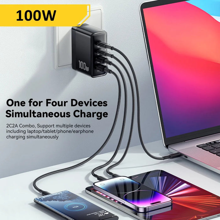ESSAGER ES-CD37 100W Fast Charging Block 4-Port Wall Charger with 2 USB-C + 2 USB-A for Laptop Phone Tablet - Black / US Plug - 6