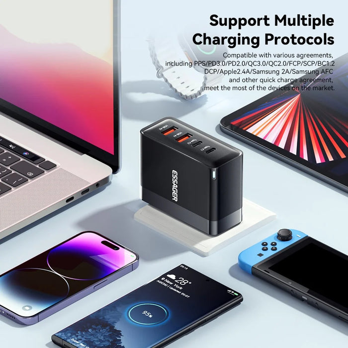 ESSAGER ES-CD37 100W Fast Charging Block 4-Port Wall Charger with 2 USB-C + 2 USB-A for Laptop Phone Tablet - Black / US Plug - 7