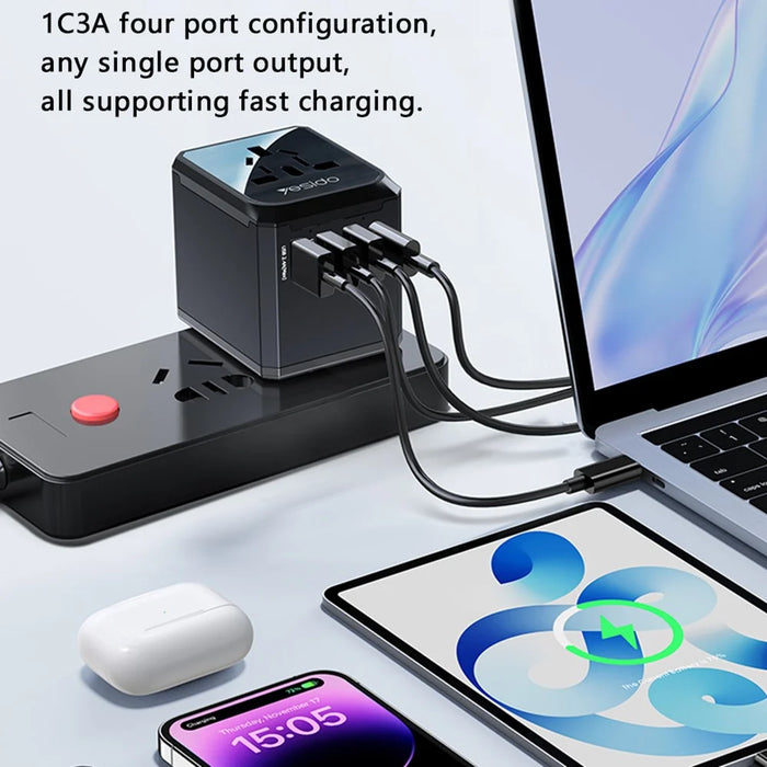 YESIDO MC24 20W Universal Adapter Socket Travel Wall Charger Multifunction Type-C+3USB-A Power Charger Converter - 6