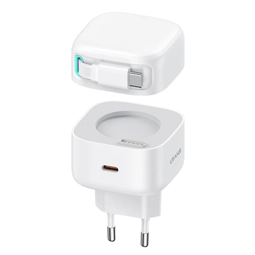 USAMS US-CC202 XMF Series PD 35W Type-C GaN Charger Magnetic Fast Charging Adapter with Retractable Type-C Cable, EU Plug - White - 1