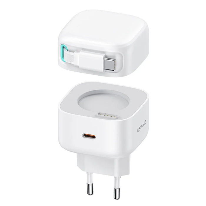 USAMS US-CC202 XMF Series PD 35W Type-C GaN Charger Magnetic Fast Charging Adapter with Retractable Type-C Cable, EU Plug - White - 1