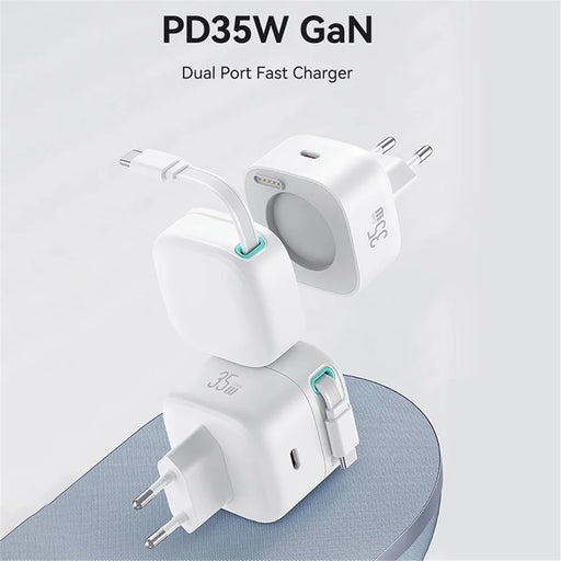 USAMS US-CC202 XMF Series PD 35W Type-C GaN Charger Magnetic Fast Charging Adapter with Retractable Type-C Cable, EU Plug - White - 2