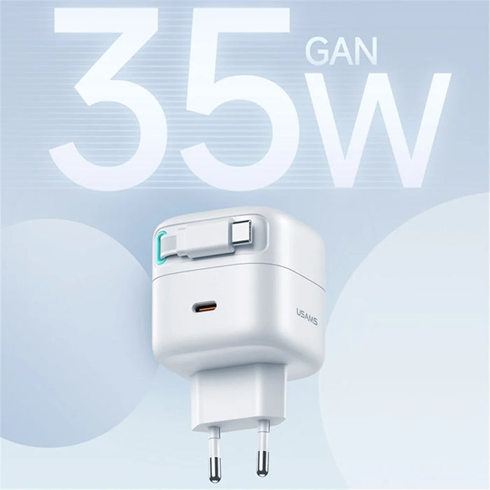 USAMS US-CC202 XMF Series PD 35W Type-C GaN Charger Magnetic Fast Charging Adapter with Retractable Type-C Cable, EU Plug - White - 4