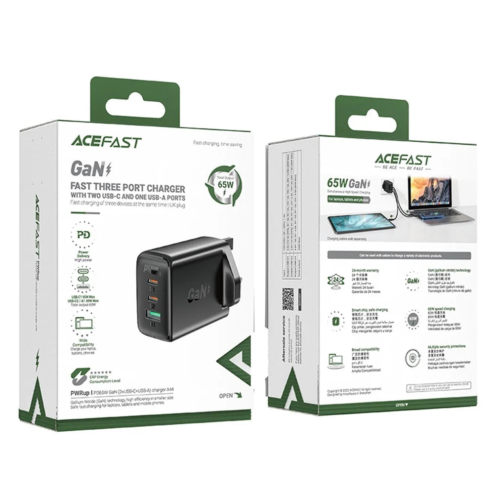 ACEFAST A44 PD 65W Wall Charger 2 Type-C + 1 USB-A GaN Phone Charging Adapter, UK Plug - Black - 6