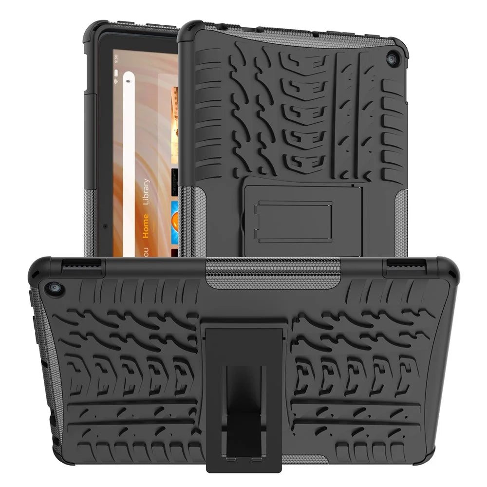 For Amazon Fire HD 10 (2023) Tablet Case Tyre Pattern PC+TPU Kickstand Cover - Black - 1