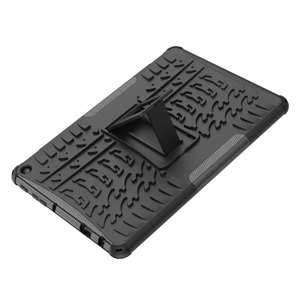 For Amazon Fire HD 10 (2023) Tablet Case Tyre Pattern PC+TPU Kickstand Cover - Black - 6