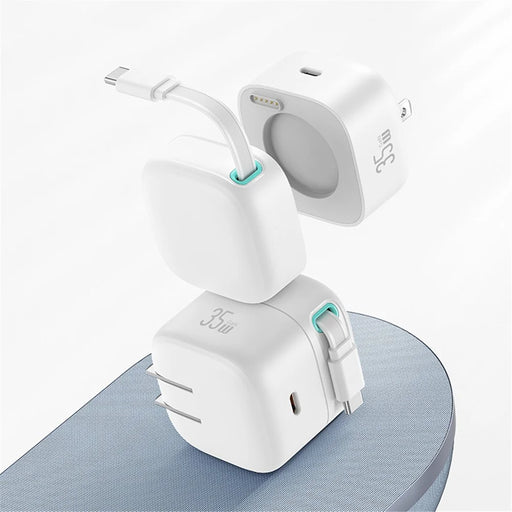 USAMS US-CC203 XMF Series PD 35W Dual Output GaN Fast Charger with Type-C Magnetic Retractable Cable Module, US Plug - White - 2