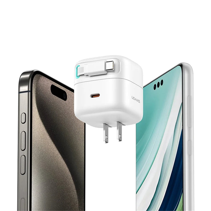 USAMS US-CC203 XMF Series PD 35W Dual Output GaN Fast Charger with Type-C Magnetic Retractable Cable Module, US Plug - White - 4