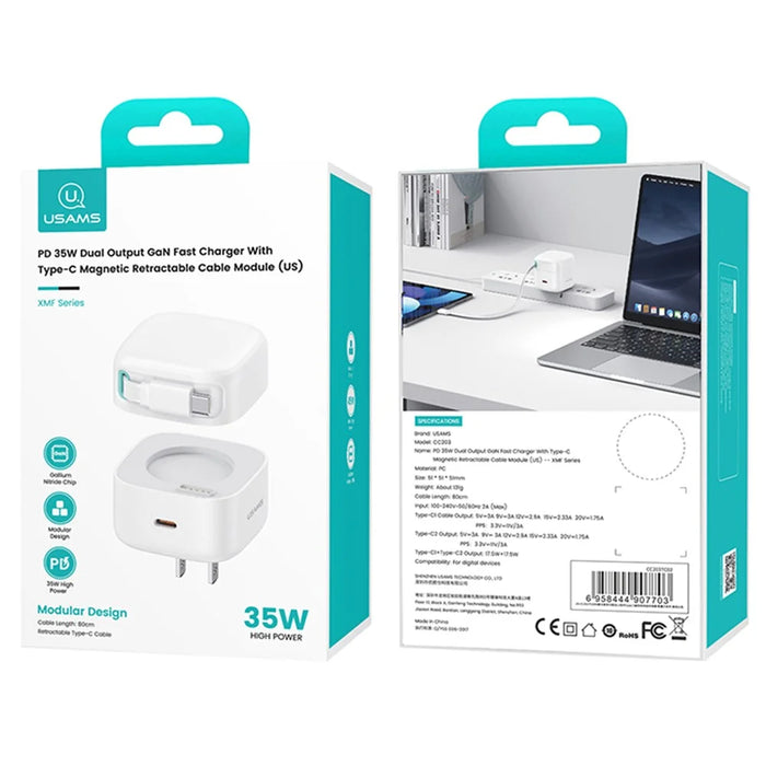 USAMS US-CC203 XMF Series PD 35W Dual Output GaN Fast Charger with Type-C Magnetic Retractable Cable Module, US Plug - White - 7