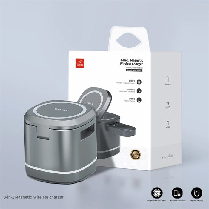 XUNDD XDCH-061 3-in-1 Magnetic Wireless Charger Folding Cell Phone Charging Stand for Headset, iWatch - Grey - 4