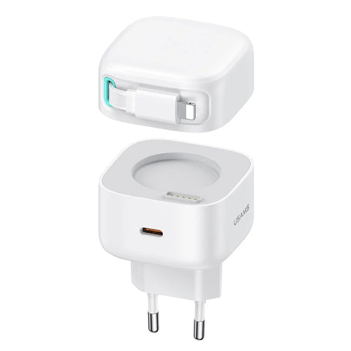 USAMS US-CC209 PD 35W GaN Wall Charger Dual USB-C Fast Charger with iP Magnetic Retractable Cable Module - White / EU Plug - 1