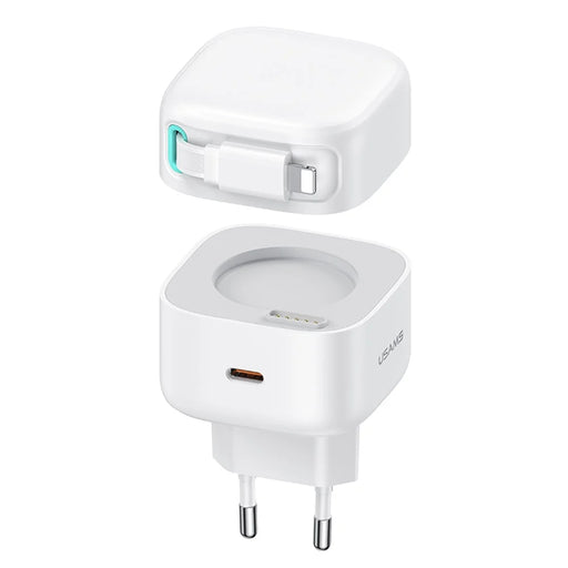 USAMS US-CC209 PD 35W GaN Wall Charger Dual USB-C Fast Charger with iP Magnetic Retractable Cable Module - White / EU Plug - 1