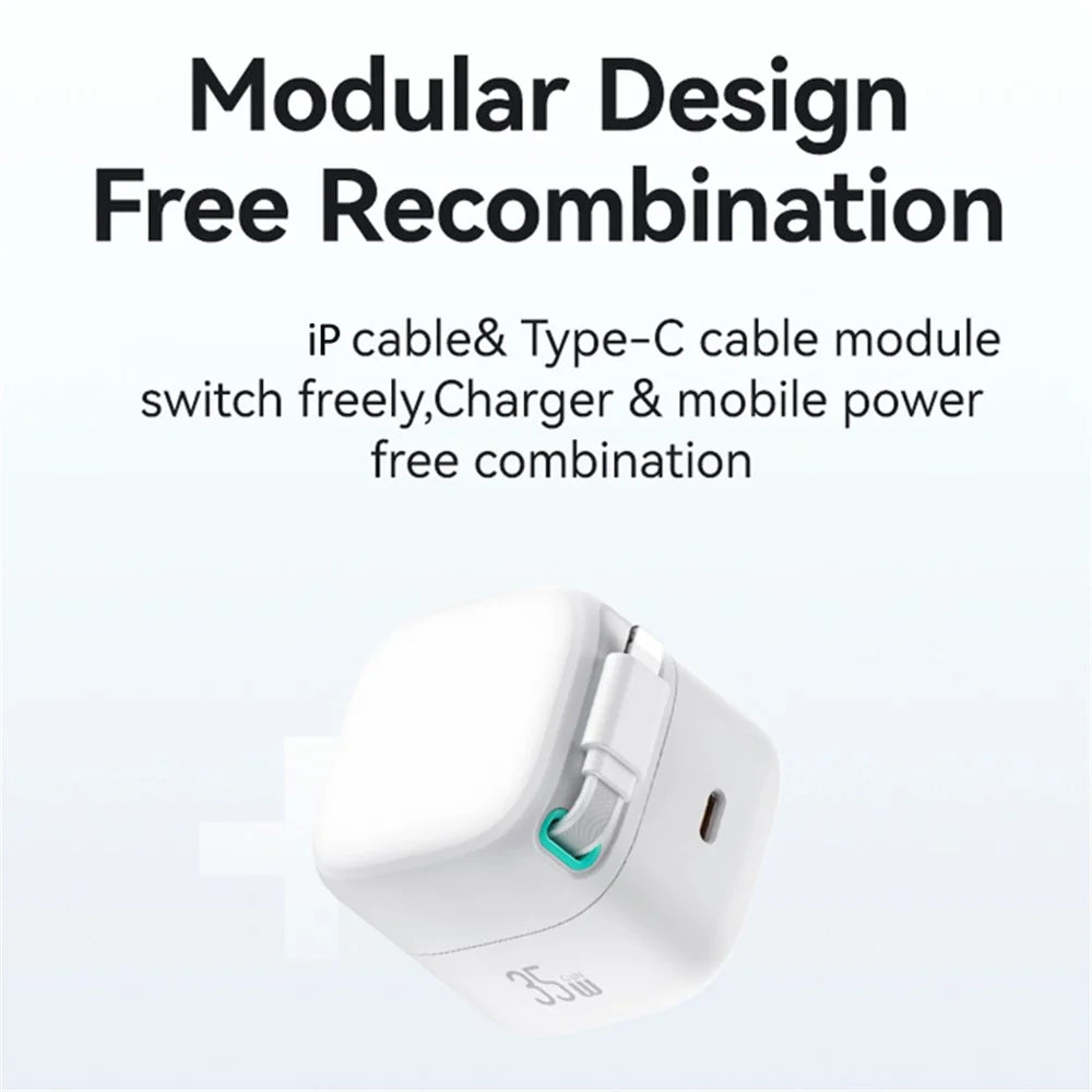 USAMS US-CC209 PD 35W GaN Wall Charger Dual USB-C Fast Charger with iP Magnetic Retractable Cable Module - White / EU Plug - 2