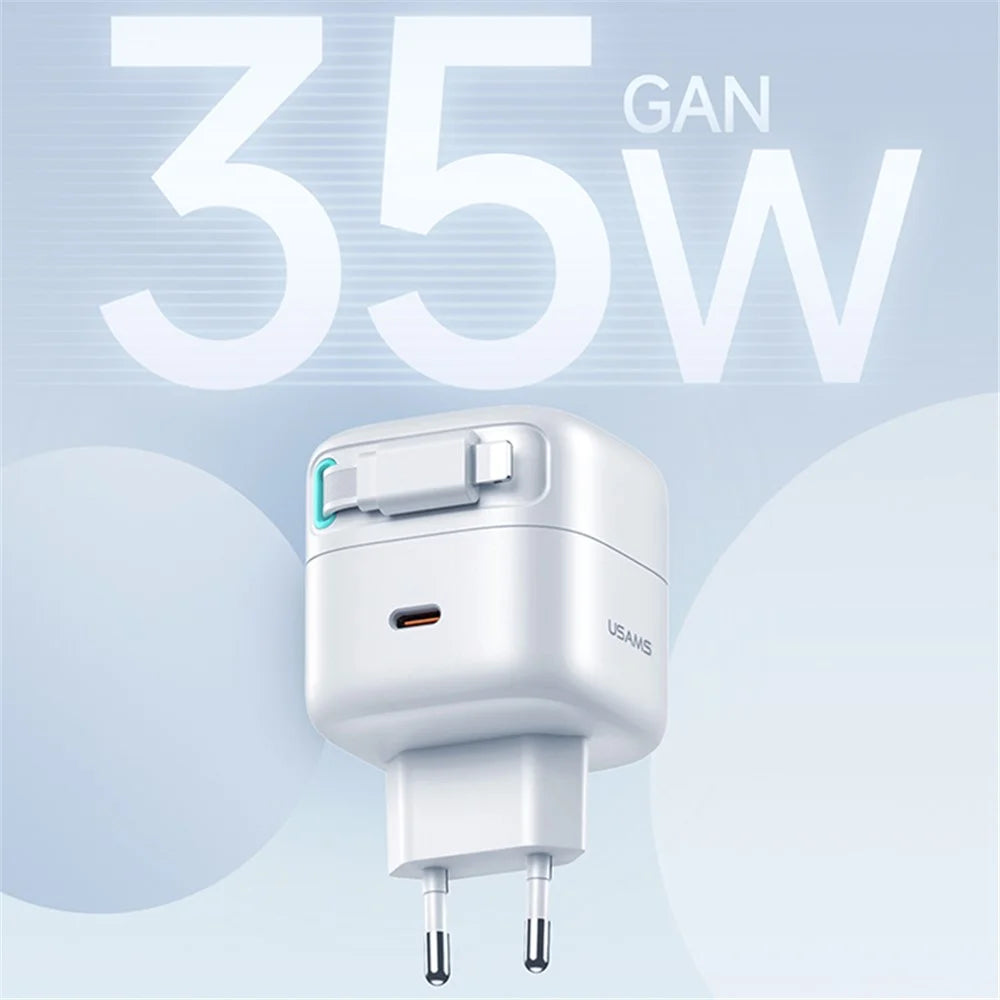 USAMS US-CC209 PD 35W GaN Wall Charger Dual USB-C Fast Charger with iP Magnetic Retractable Cable Module - White / EU Plug - 3