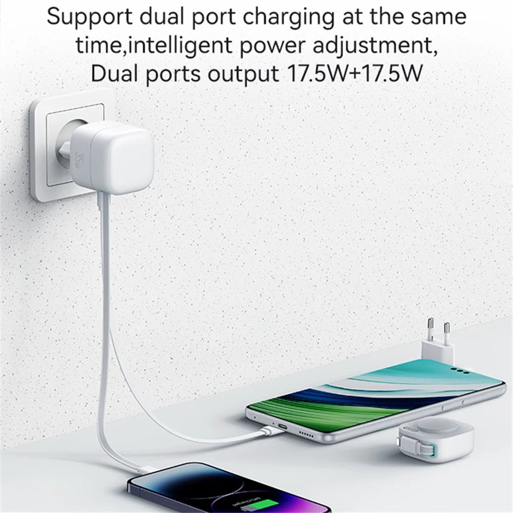 USAMS US-CC209 PD 35W GaN Wall Charger Dual USB-C Fast Charger with iP Magnetic Retractable Cable Module - White / EU Plug - 4