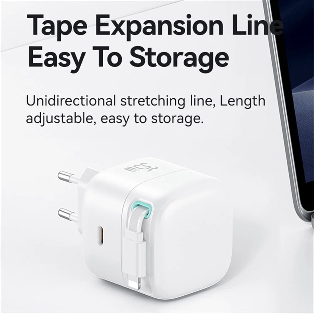 USAMS US-CC209 PD 35W GaN Wall Charger Dual USB-C Fast Charger with iP Magnetic Retractable Cable Module - White / EU Plug - 5