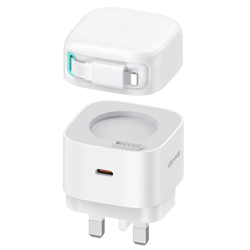 USAMS US-CC211 PD 35W Dual Output GaN Fast Charger with iP Magnetic Retractable Cable Module - White / UK Plug - 1