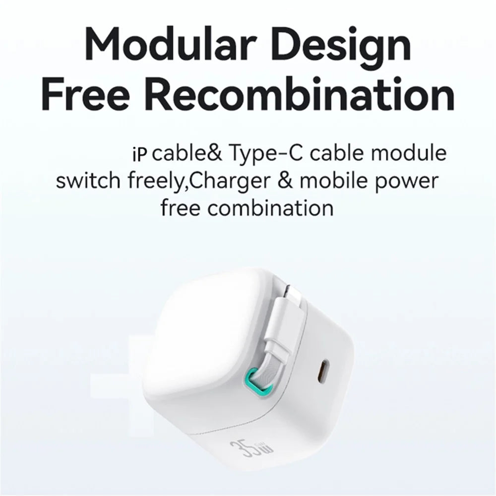 USAMS US-CC211 PD 35W Dual Output GaN Fast Charger with iP Magnetic Retractable Cable Module - White / UK Plug - 2